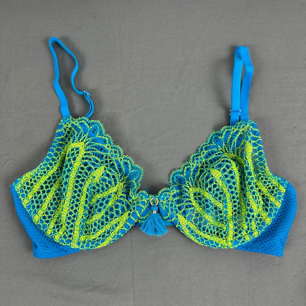 Savage X Fenty Stranded In Lace Crochet Plunge Bra Blue & Green Size 32D